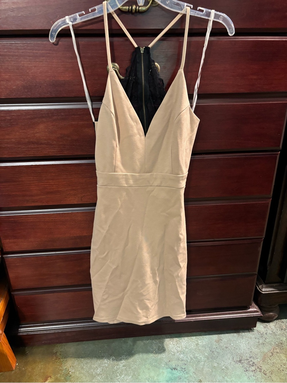 Charlotte Russe Beige Spaghetti Strap V-Neck Mini Dress
